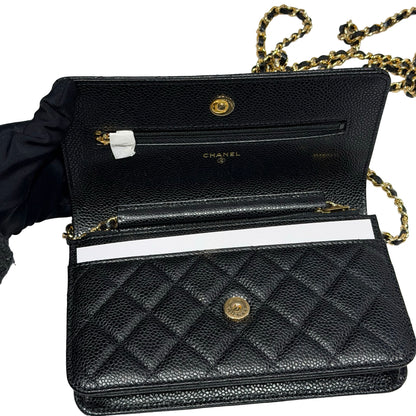 Unused Chanel Calfskin Leather WOC Chain Shoulder Bag Black GHW