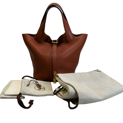 Used HERMES Clemence Leather Picotin 18 Bucket Bag 6C Brown GHW