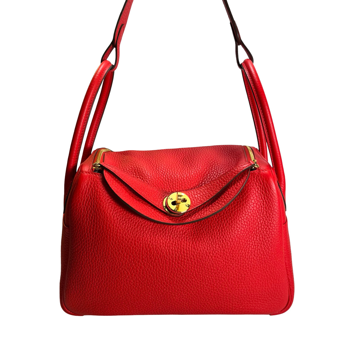Used HERMES Clemence Lindy Handbag Red