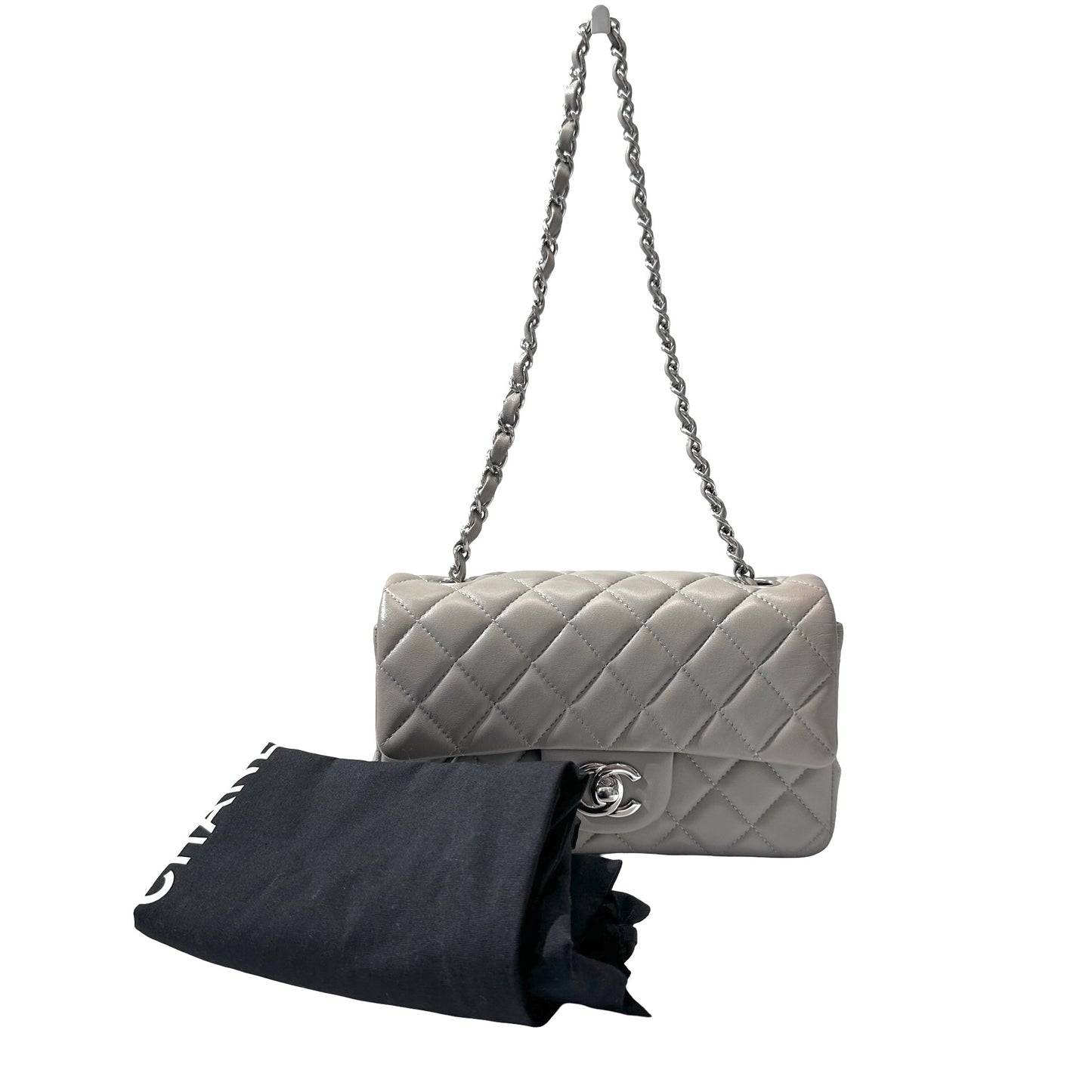 Used CHANEL Quilted Lambskin Classic Flap Chain Shoulder Bag Grey PHW