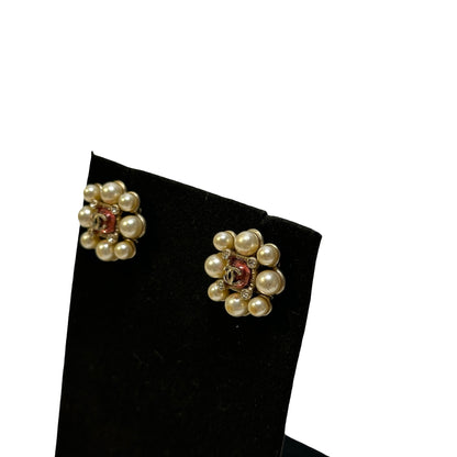 Used CHANEL Faux Pearl Strass CC Logo Pearl Stud Earrings Gold White Pink