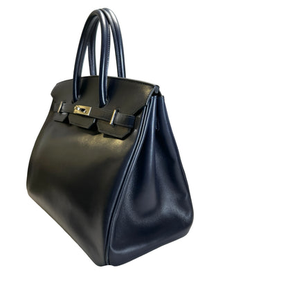 Used HERMES Leather Birkin Handbag Black Silver