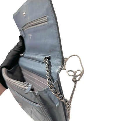 Used Chanel Shiny Calfskin WOC Cross Body Bag Baby Blue PHW