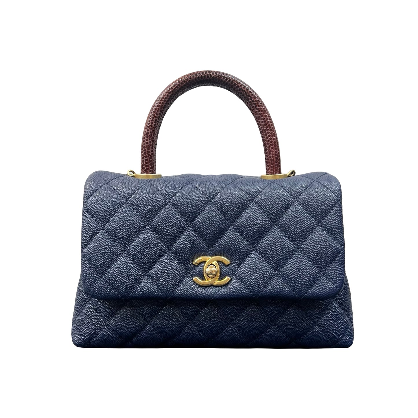 Used CHANEL Caviar Lizard Coco Handle Handbag Navy Blue Brown