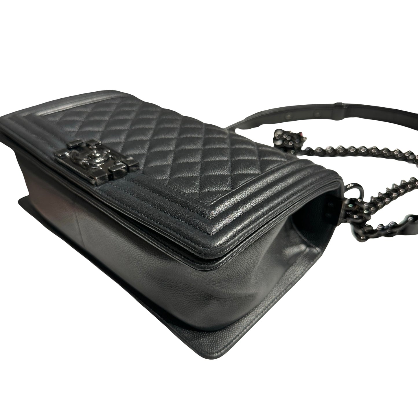 Used CHANEL Quilted Caviar Boy Chain Shoulder Bag Black