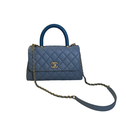 Used CHANEL Quilted Caviar Lizard Coco Handle Handbag Blue