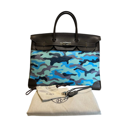 Used HERMES Camouflage Leather Toile HAC Birkin 35 Handbag Brown Blue Green