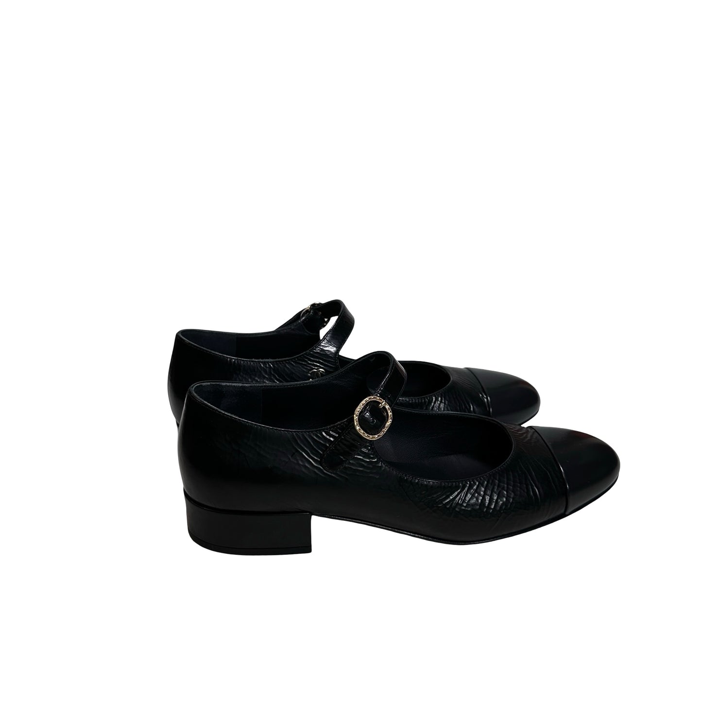 Used CHANEL Crinkled Calfskin Patent Calfskin Mary Jane Pumps Shoes Black GHW