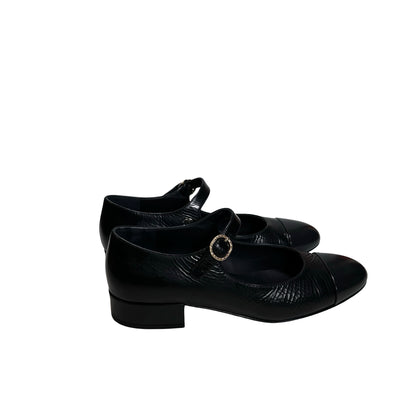 Used CHANEL Crinkled Calfskin Patent Calfskin Mary Jane Pumps Shoes Black GHW