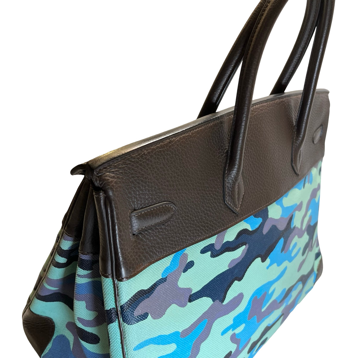 Used HERMES Camouflage Leather Toile HAC Birkin 35 Handbag Brown Blue Green
