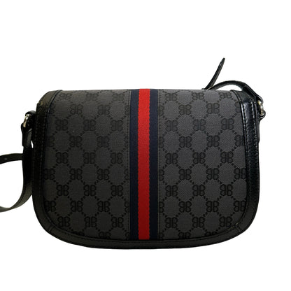 Used BALENCIAGA X GUCCI BB Monogram Web Stripe Canvas Leather Hacker Project Small Shoulder Bag Shoulder Bag Black Grey Red Blue