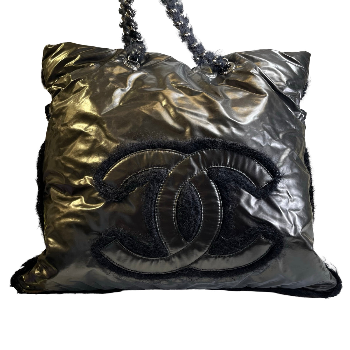 Used CHANEL CC Logo Deauville Tote Bag Black Silver
