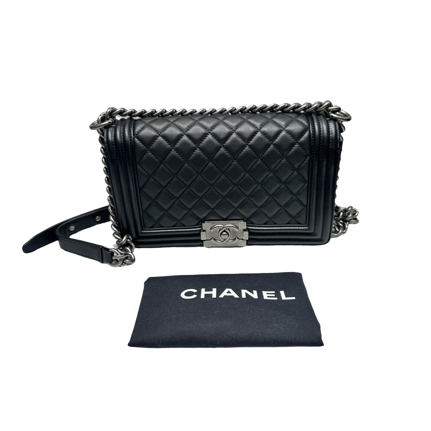 Used Chanel Boy 25cm Chain Shoulder Bag Black PHW