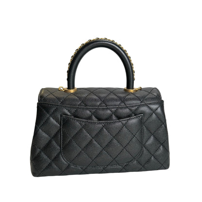 Used CHANEL Quilted Caviar Coco Handle Handbag Black Gold