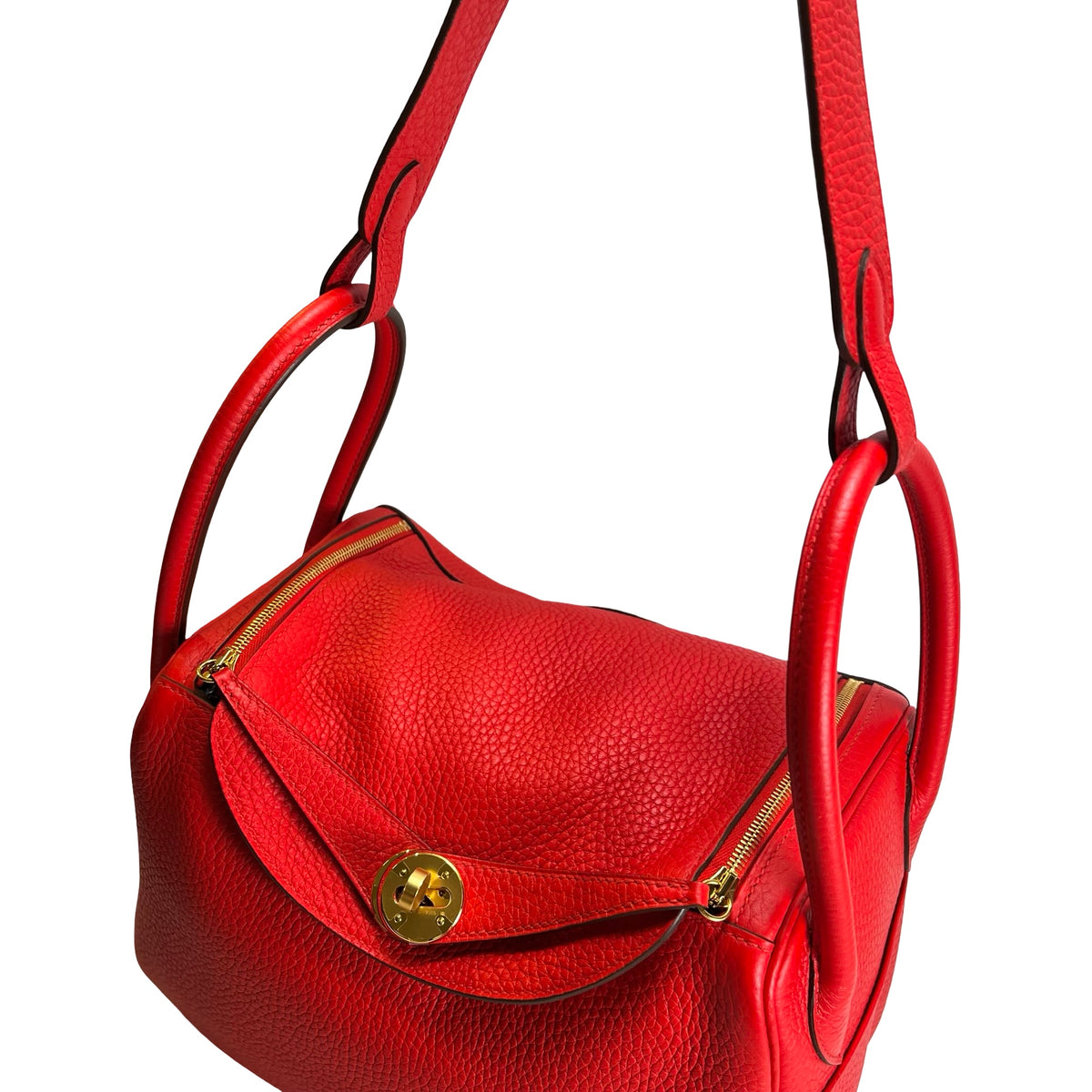Used HERMES Clemence Lindy Handbag Red