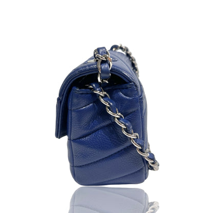 Used CHANEL Calfskin Leather FLAP Cross Body Bag Navy Blue PHW