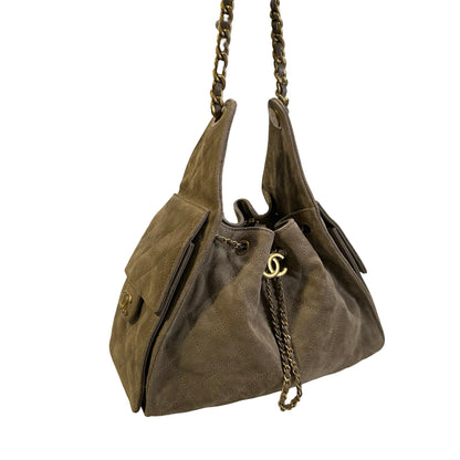 Used CHANEL Suede Quilted Suede Quilted Handbag Handbag Khaki Gold