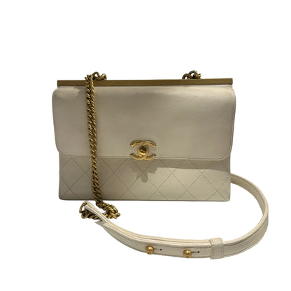 Used CHANEL Quilted Smooth Leather Small Coco Luxe Flap Bag Handbag White Gold