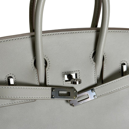 Used HERMES Swift Leather Birkin 25 Handbag Grey PHW