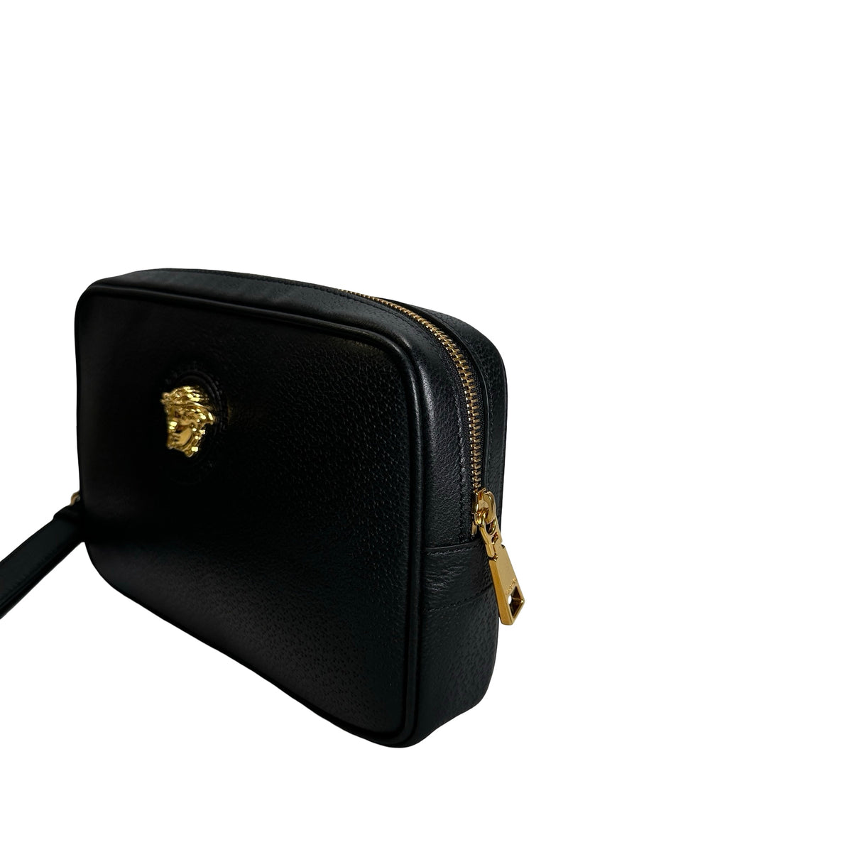 VERSACE Pebbled Leather Medusa Camera Bag Camera Bag Black Gold