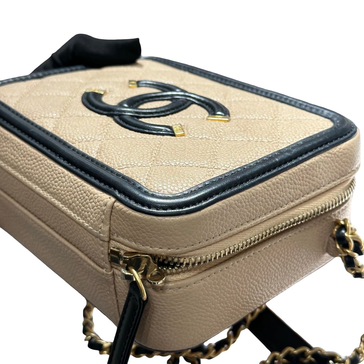 Used CHANEL Quilted Caviar Vanity Bag Vanity case Beige Black