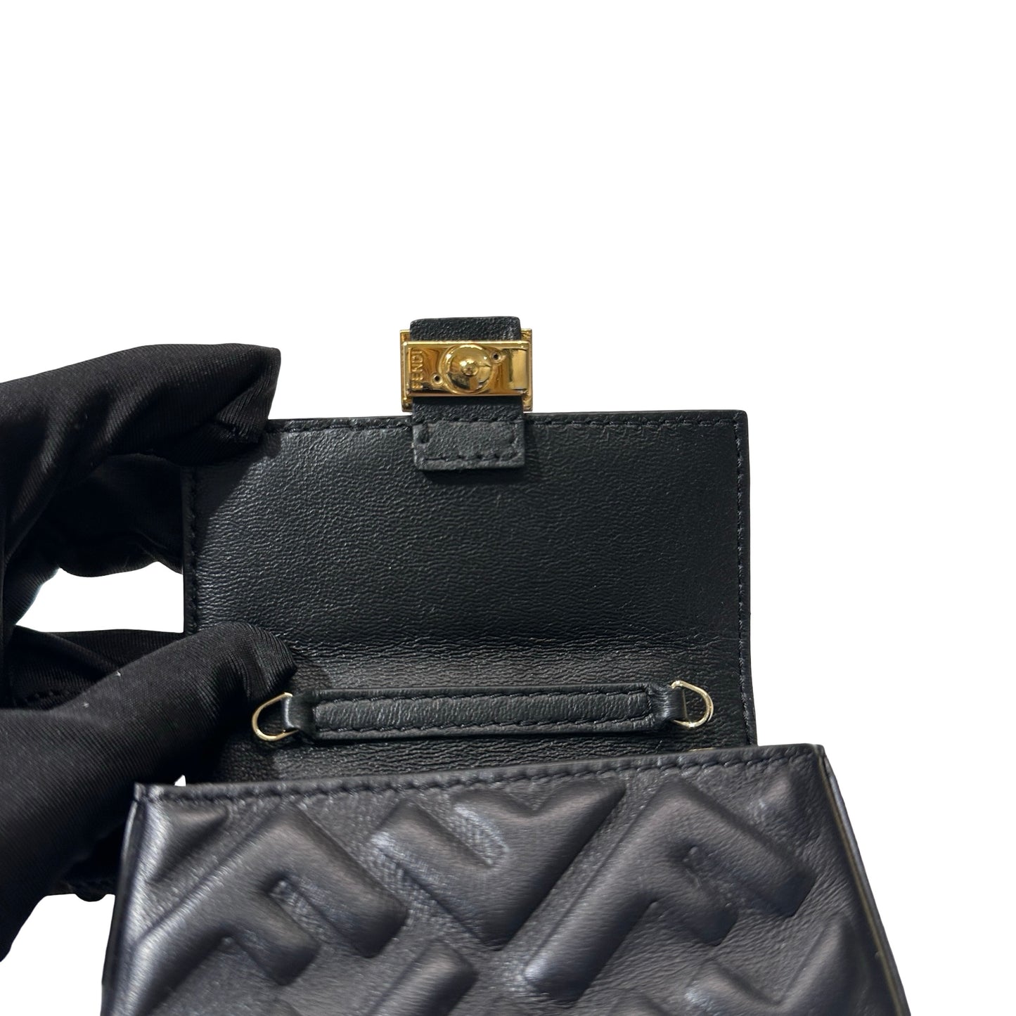 Used Fendi Calfskin Leather Baguette Nano Charm Cross Body Bag Black GHW