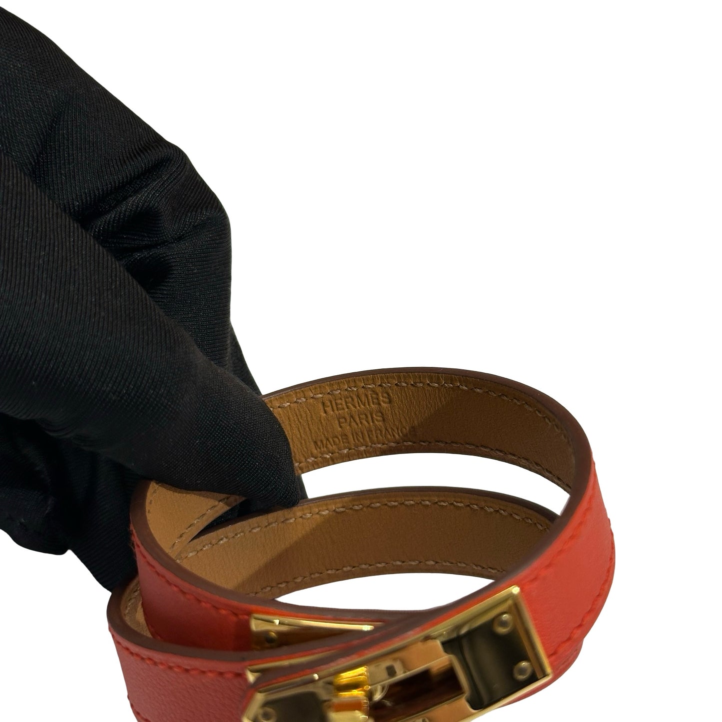 Used HERMES Leather Kelly Double Tour BRACELET Orange Gold