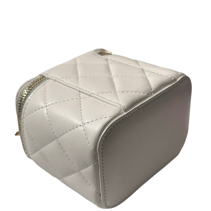 Used CHANEL Lambskin Leather Vanity Case with Gold Ball Cross Body Bag White GHW