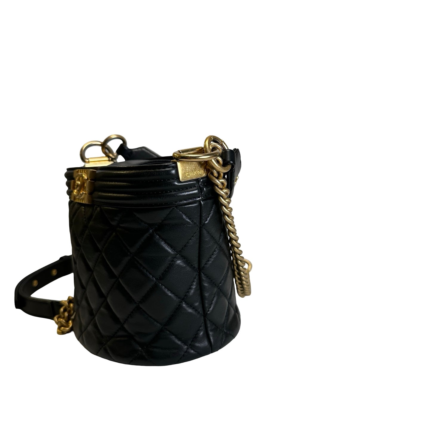 Used CHANEL Quilted Leather Boy Chanel Bucket Bag Bucket Bag Black，GHW