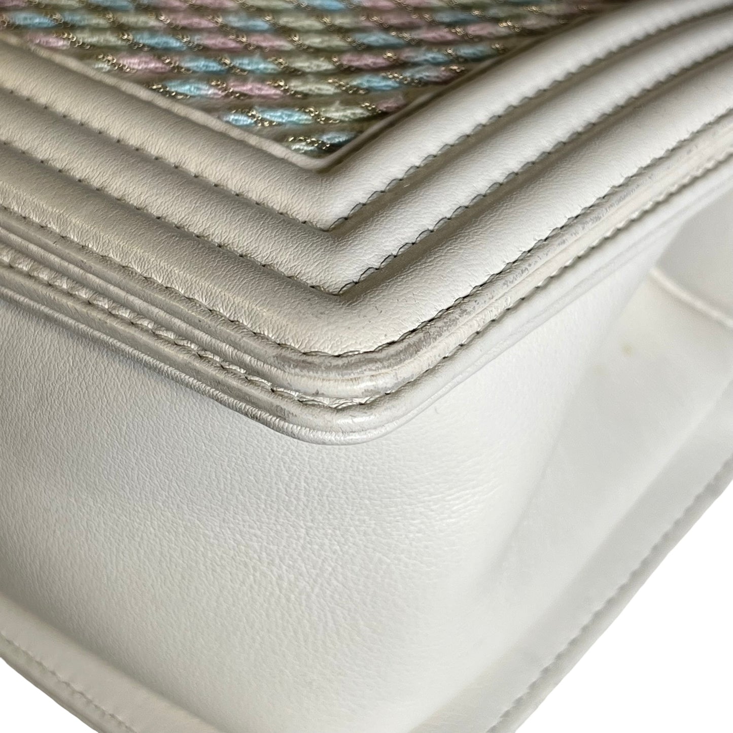 Used CHANEL Chevron Leather Boy Bag Chain Shoulder Bag White Multi-color