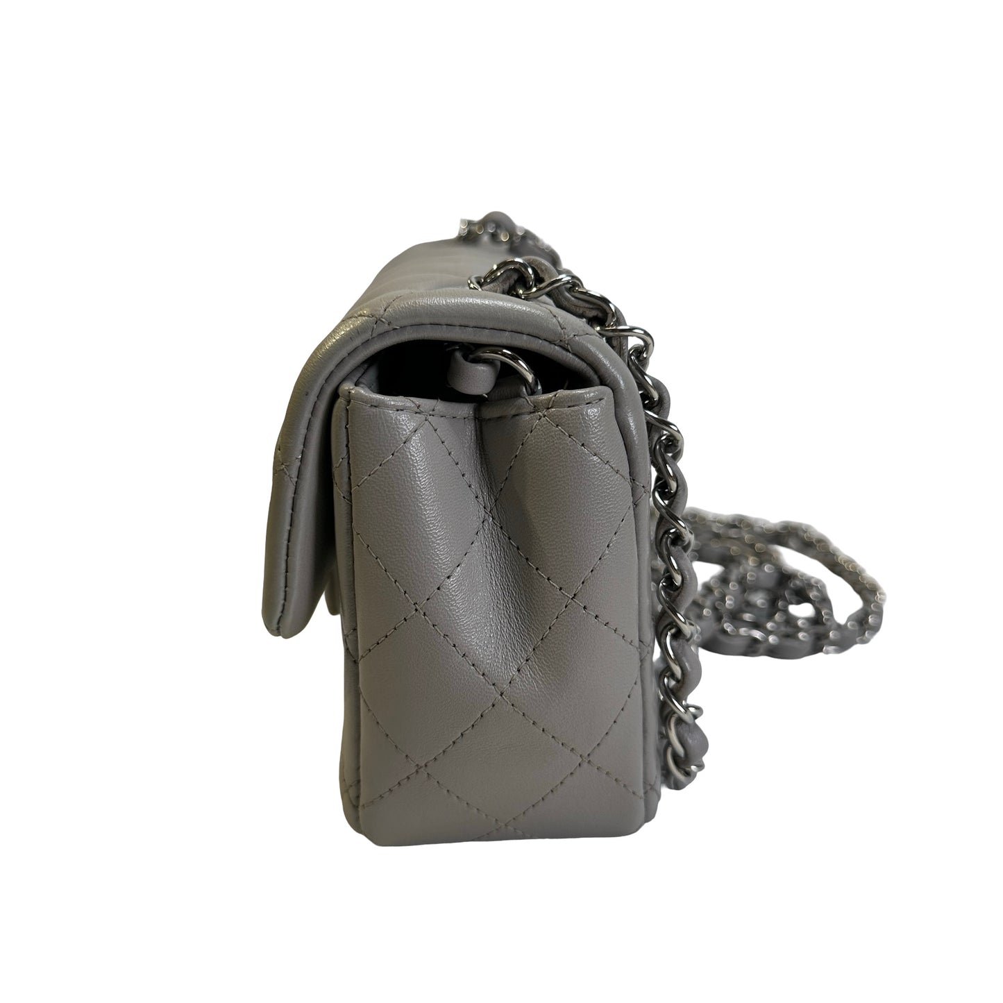 Used CHANEL Quilted Lambskin Mini Rectangular Flap Bag Shoulder Bag Grey Silver Hardware