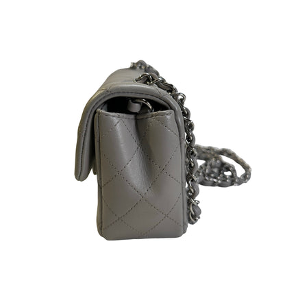 Used CHANEL Quilted Lambskin Mini Rectangular Flap Bag Shoulder Bag Grey Silver Hardware