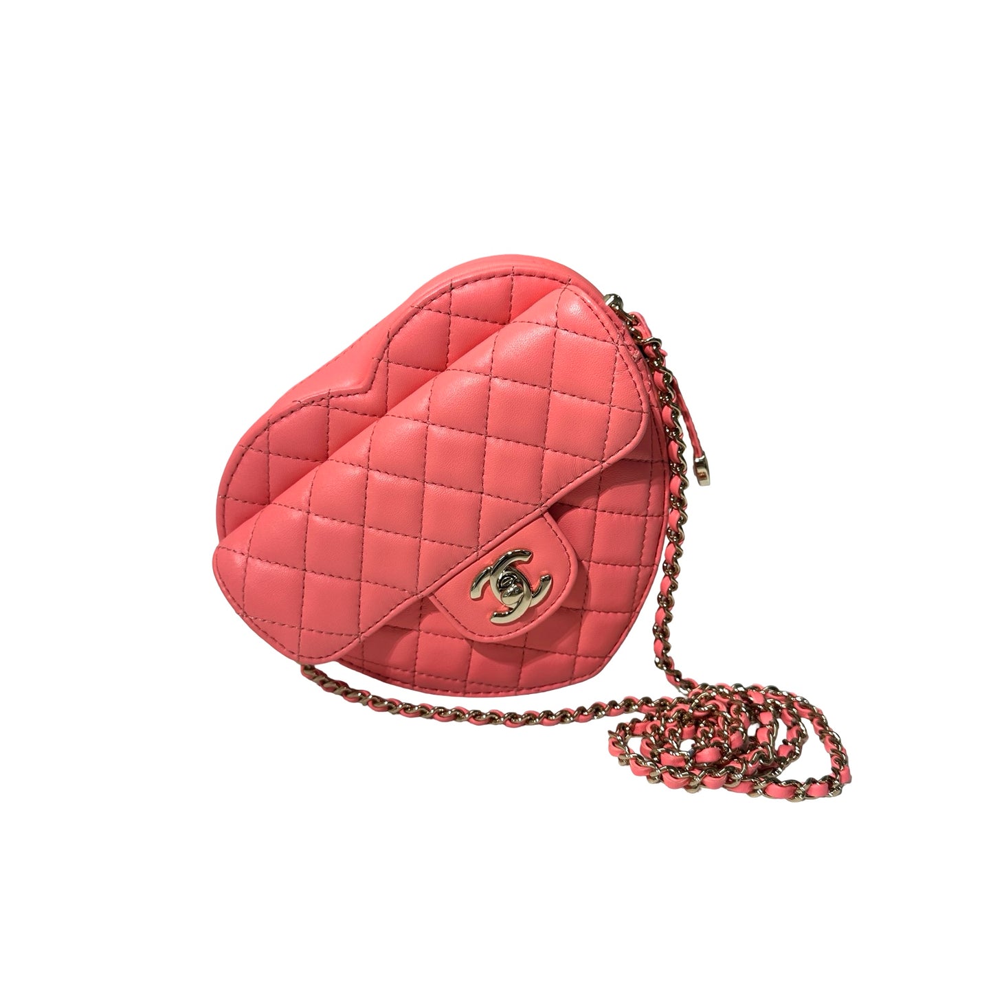 Used CHANEL Lambskin Leather HEART Cross Body Bag Pink GHW