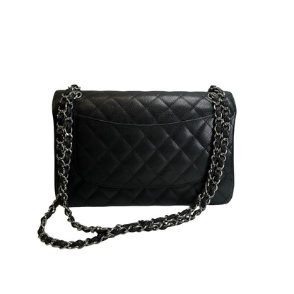 Used CHANEL Quilted Caviar Leather Classic Flap Chain Shoulder Bag Black Silver