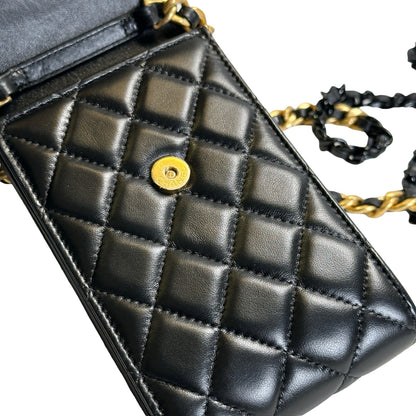 Used CHANEL Quilted Lambskin Chanel 19 Phone Holder Phone Bag Black Gold Ruthenium
