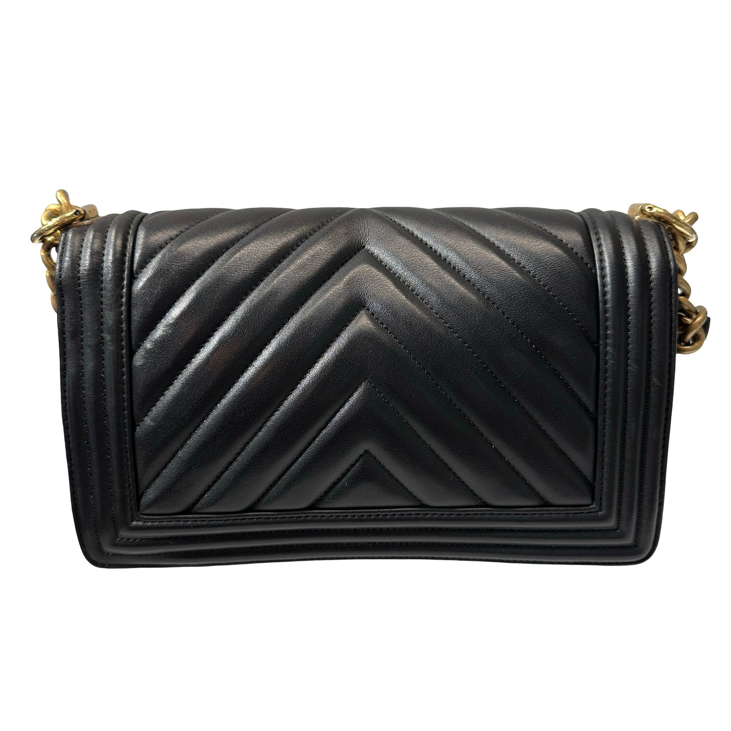 Used Chanel Lambskin Leather Boy 25 Shoulder Bag Black GHW