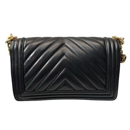 Used Chanel Lambskin Leather Boy 25 Shoulder Bag Black GHW