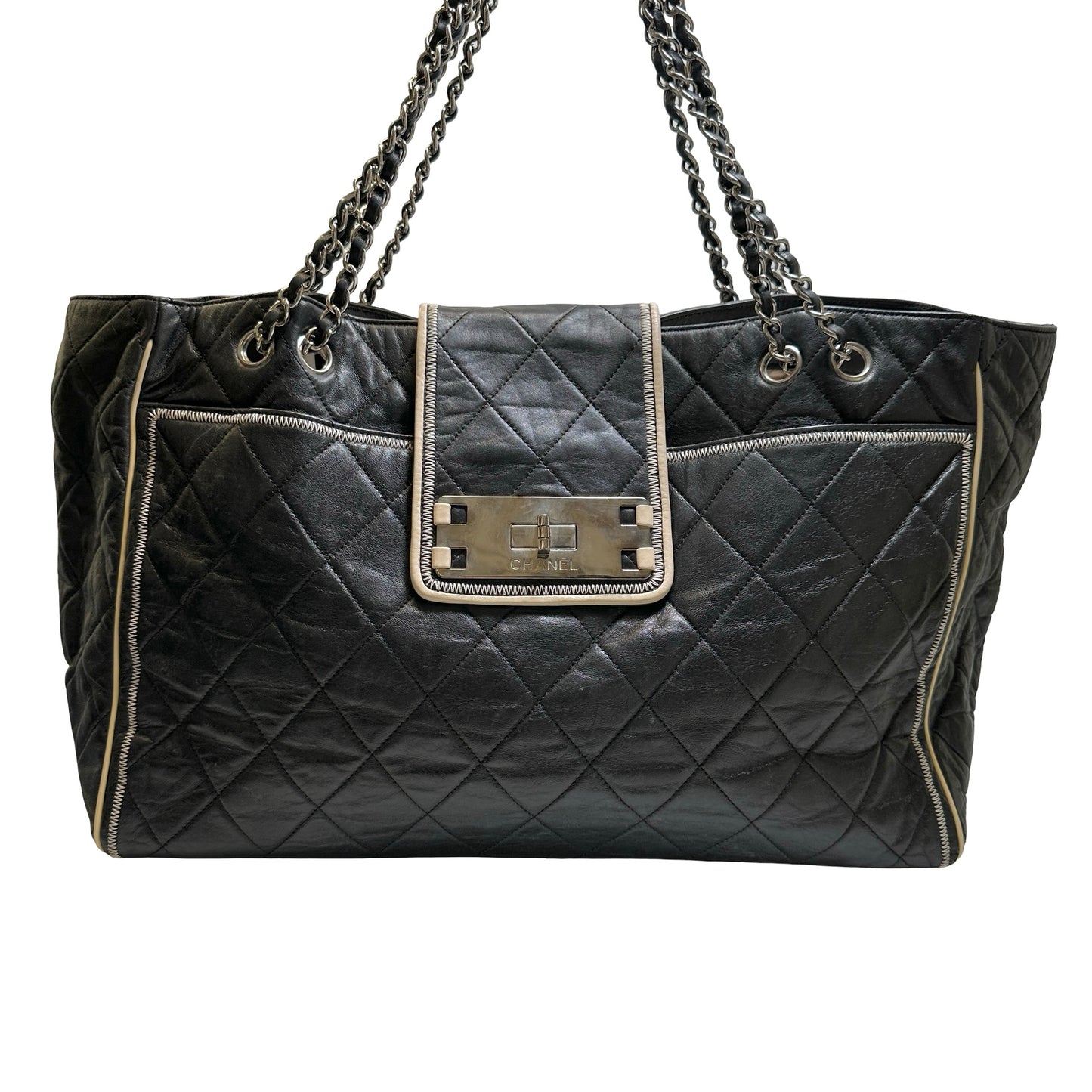 Used CHANEL Quilted Leather Quilted Tote Tote Bag Black Silver