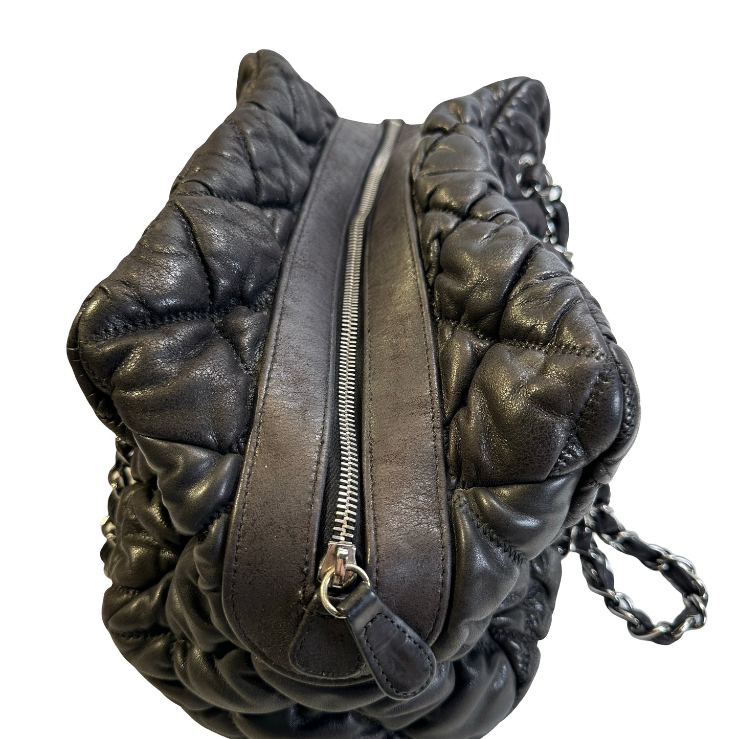Used CHANEL Quilted Leather Bubble Quilted Bowler Bag Handbag Black Silver hardware