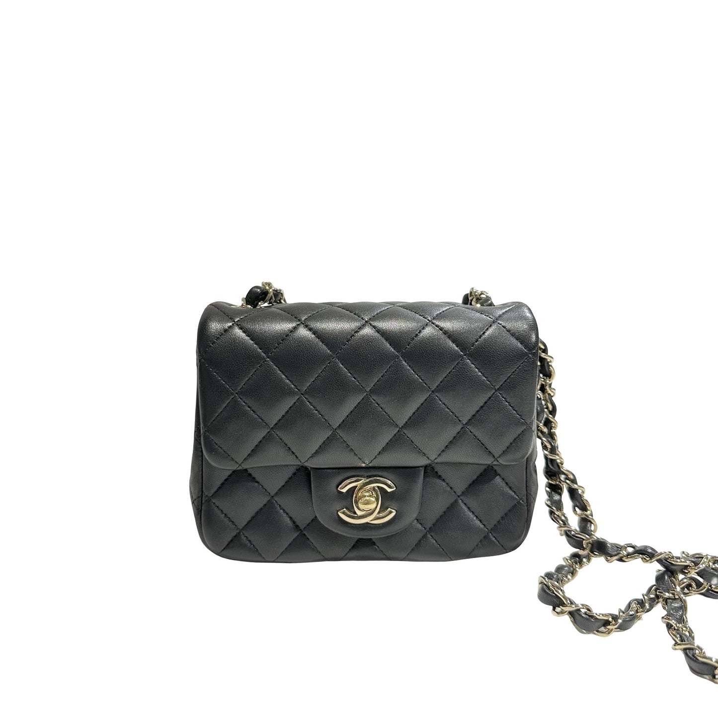 Used CHANEL Lambskin Leather Mini Flap 17cm Cross Body Bag Black GHW
