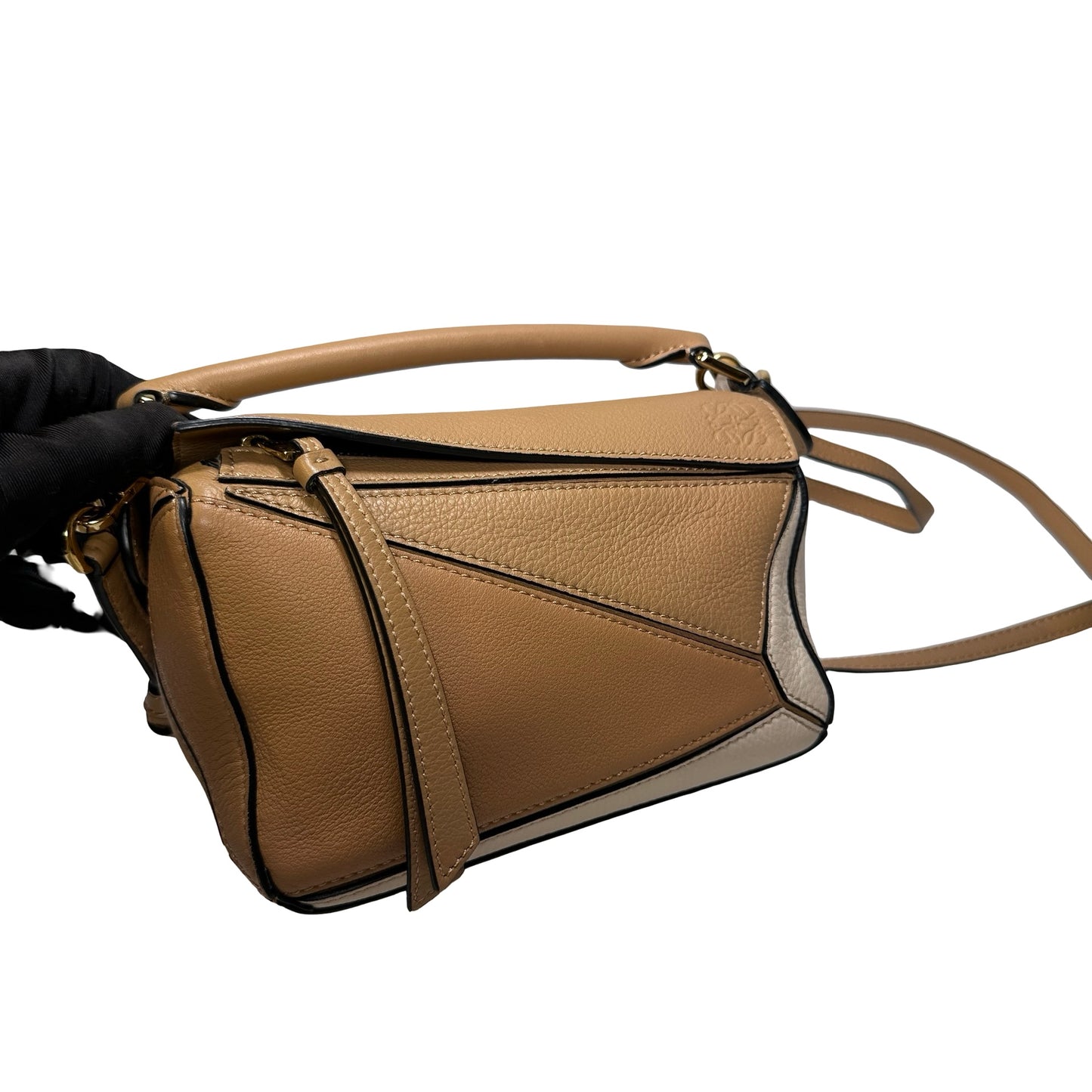 Used LOEWE Calfskin Leather MINI PUZZLE Cross Body Bag Beige Brown