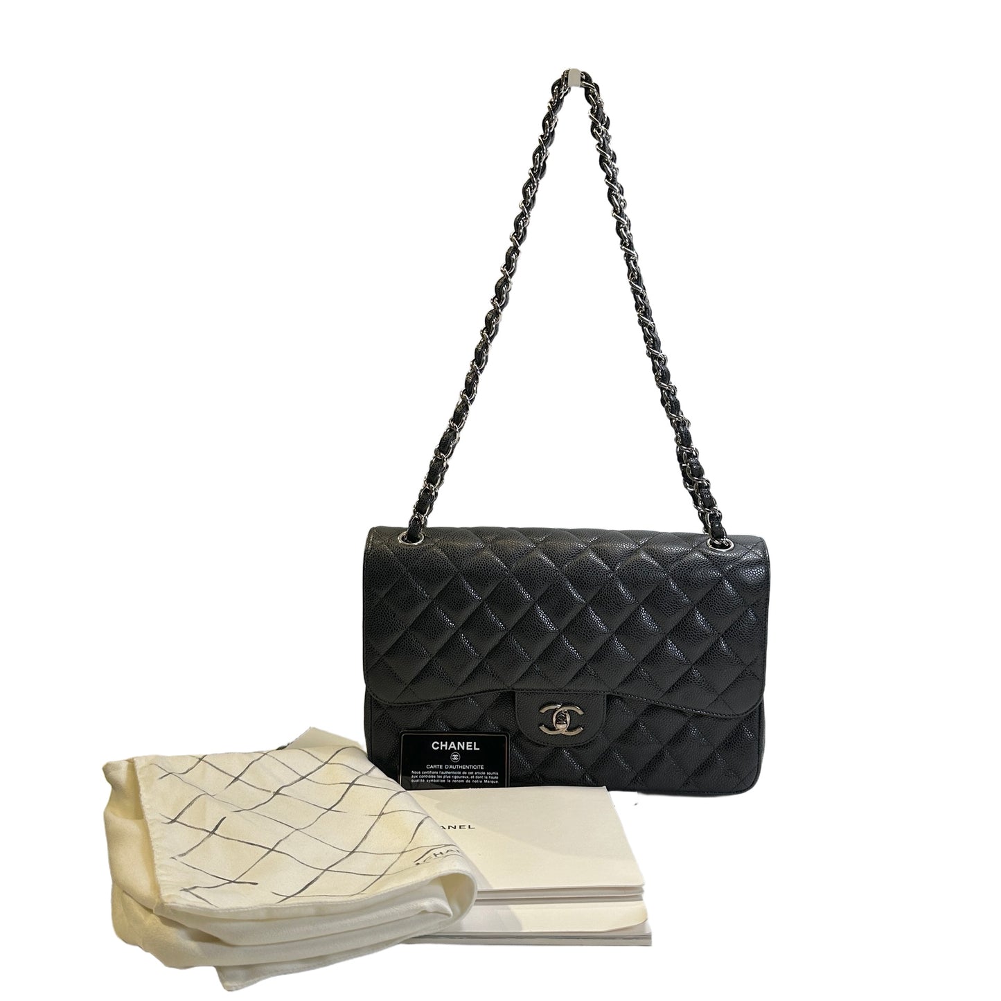 Used CHANEL Quilted Caviar leather Jumbo Single Flap Bag Shoulder Bag Black Silver hardware
