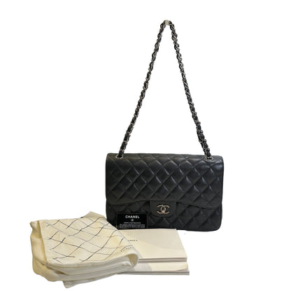 Used CHANEL Quilted Caviar leather Jumbo Single Flap Bag Shoulder Bag Black Silver hardware