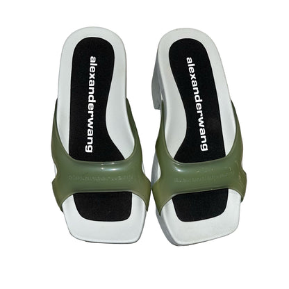 Used ALEXANDER WANG Solid Logo AW Logo Flip Flop Sandals Shoes Green Black White