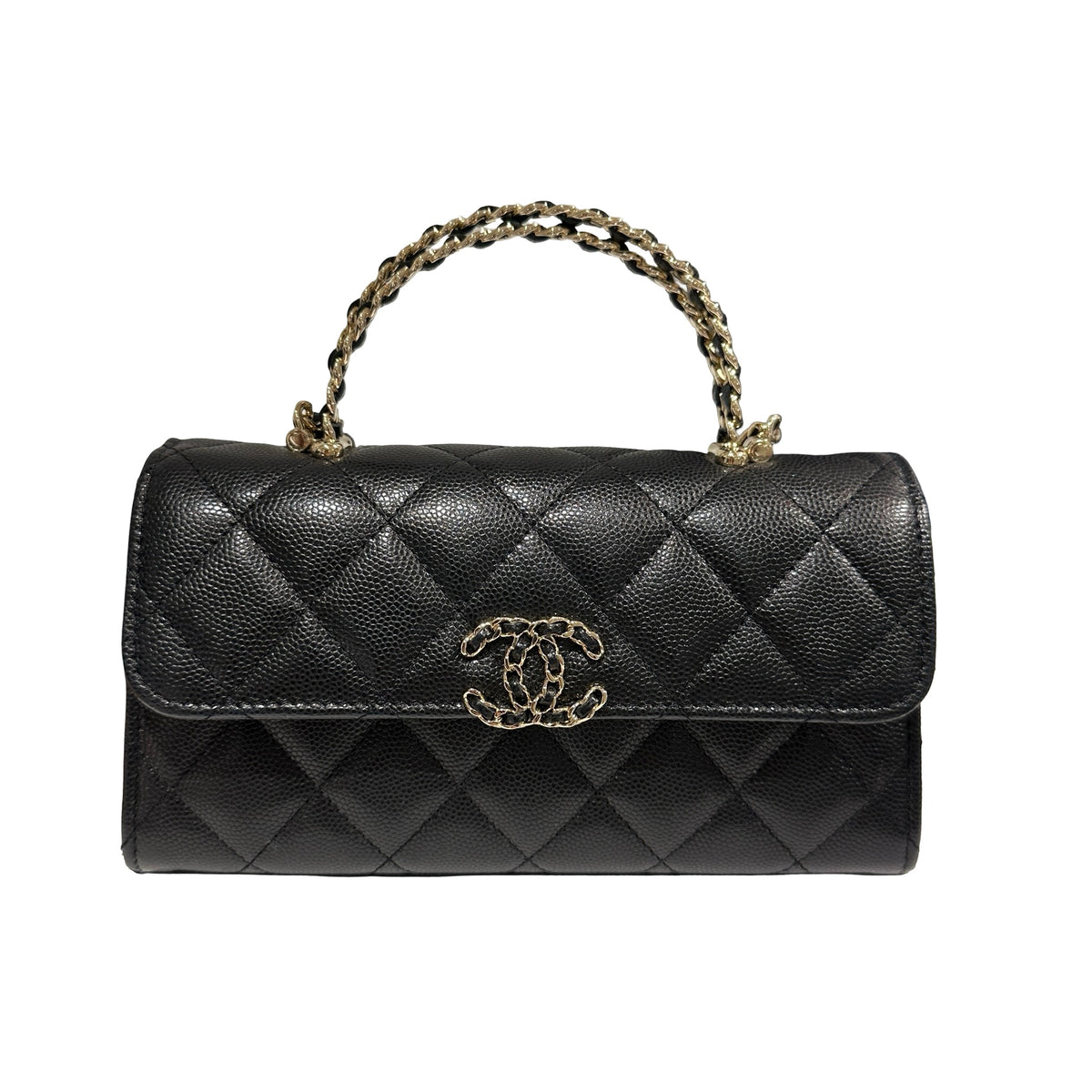 Used CHANEL Quilted Caviar Handle Classic Flap Handbag Black Gold