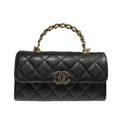 Used CHANEL Quilted Caviar Handle Classic Flap Handbag Black Gold