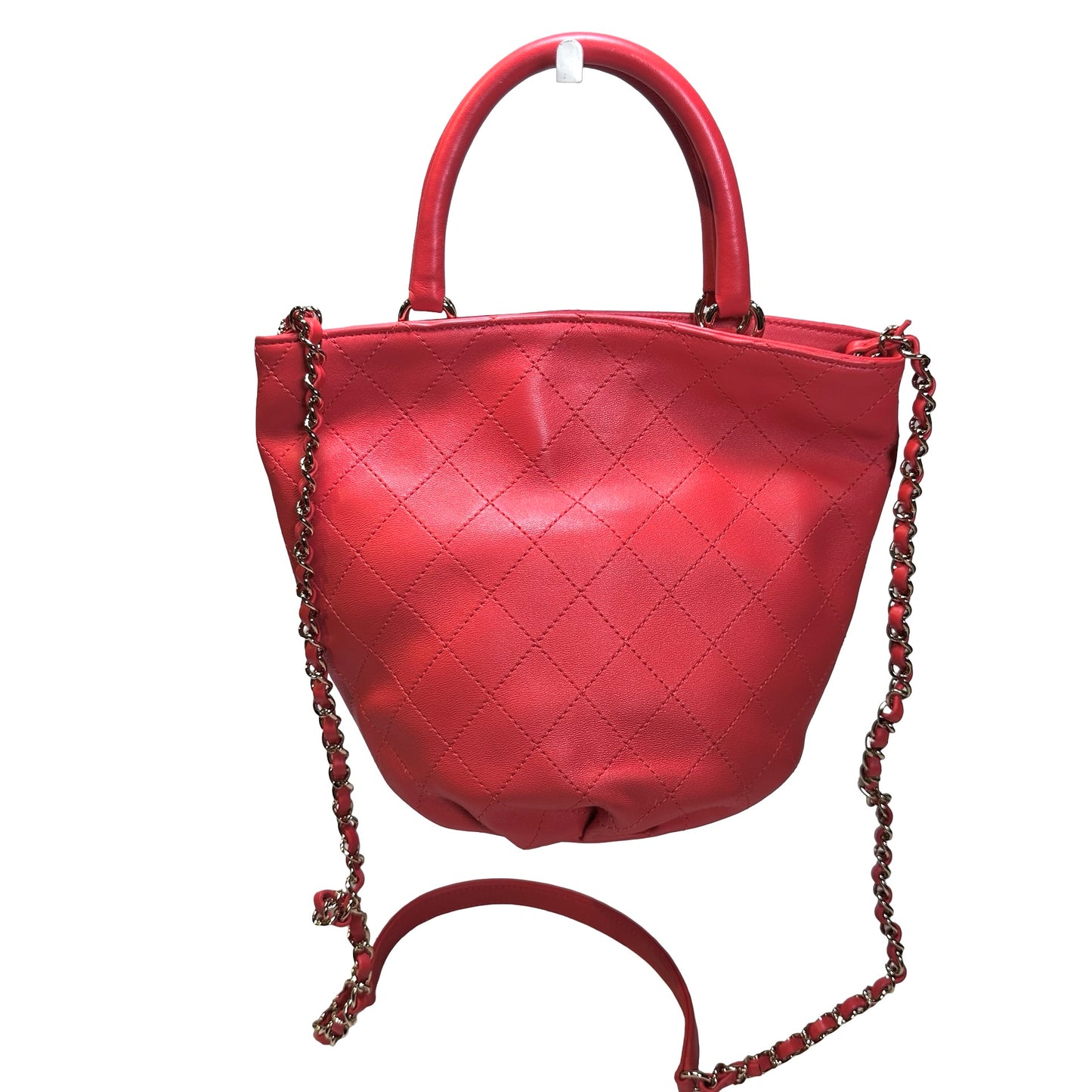 Used Chanel Lambskin Leather Bucket Bag Red PHW