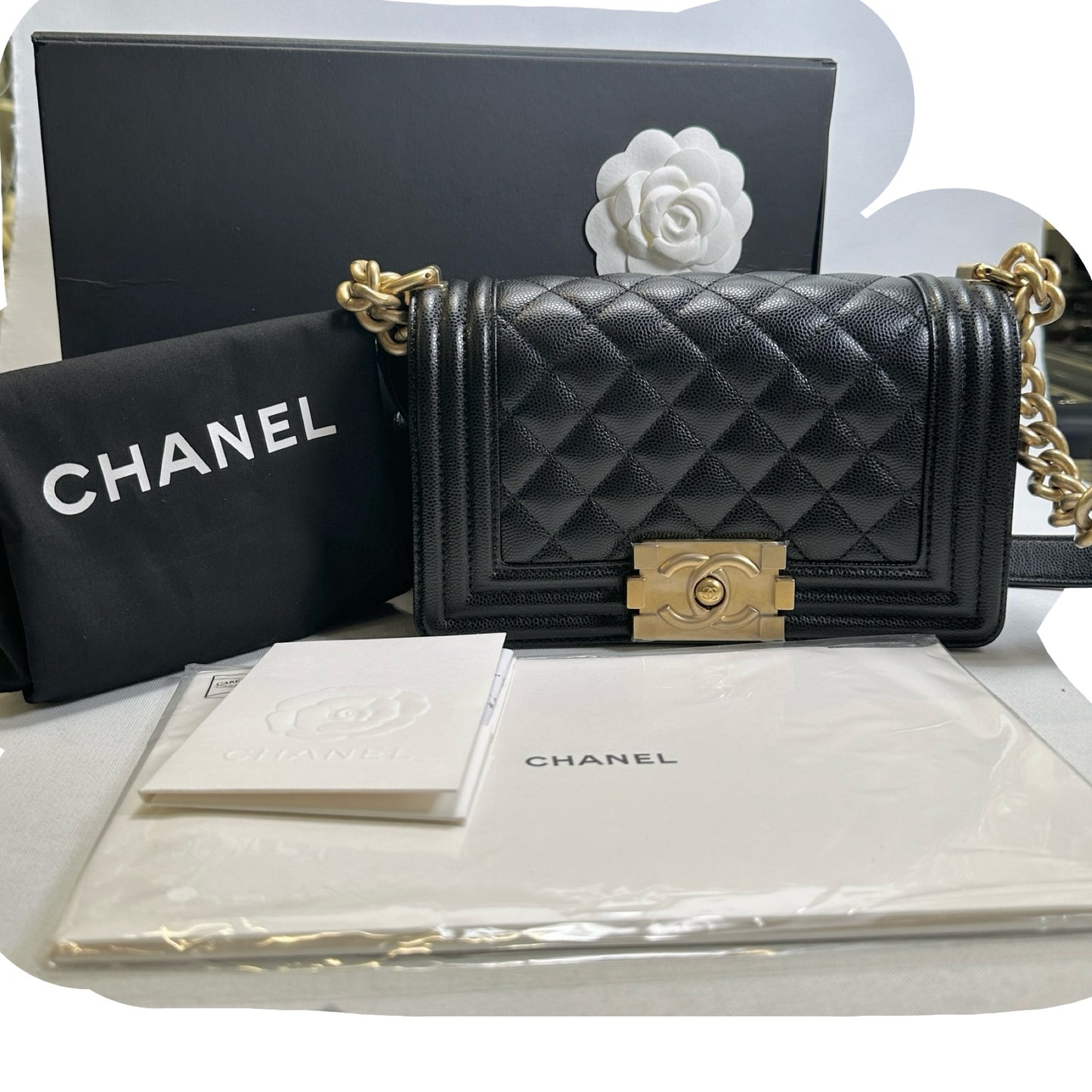 Used CHANEL Quilted Caviar Boy Bag Chain Shoulder Bag Black GHW