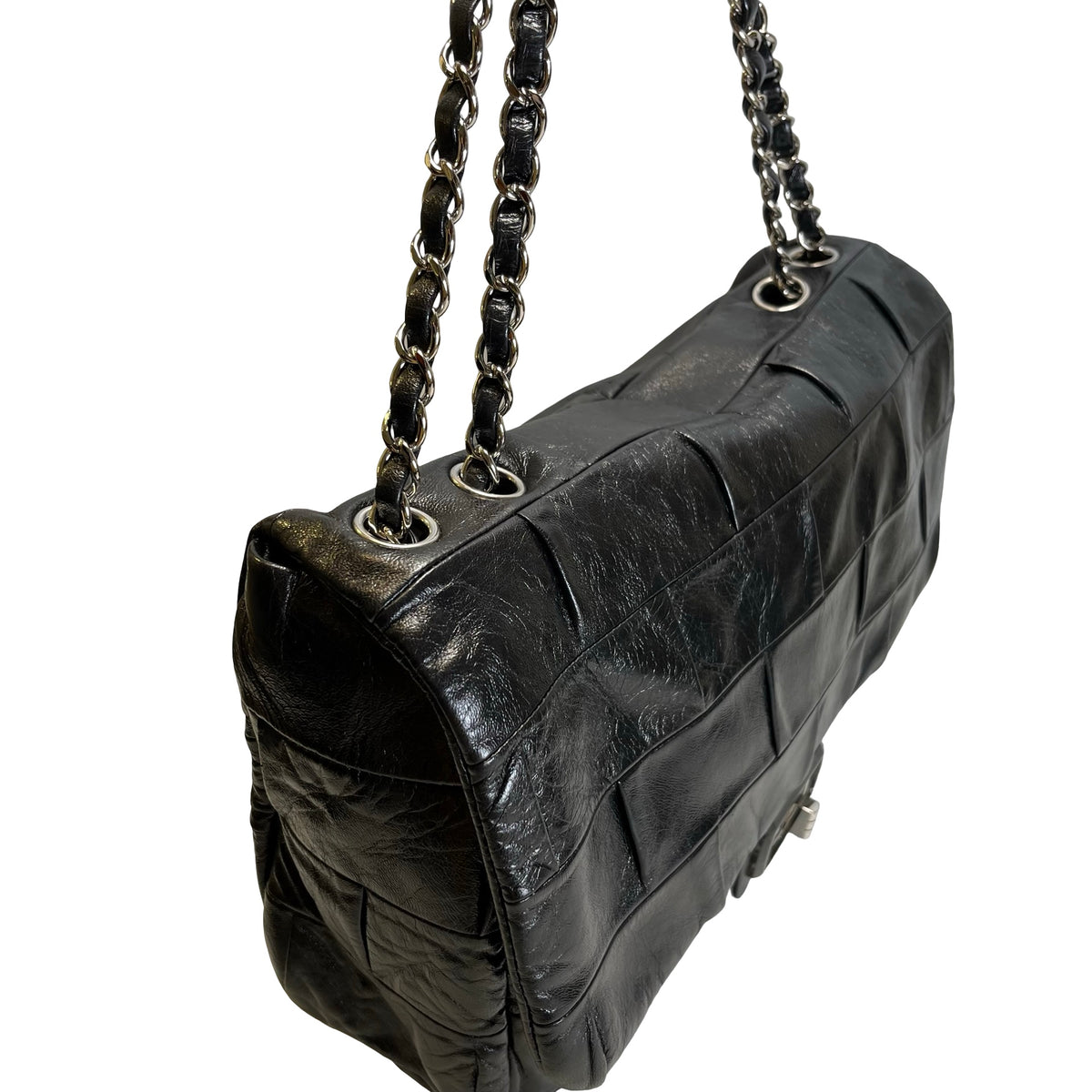 Used CHANEL Chocolate Bar Aged Calfskin 2.55 Reissue Flap Bag Chocolate Bar Chain Shoulder Bag Black，PHW