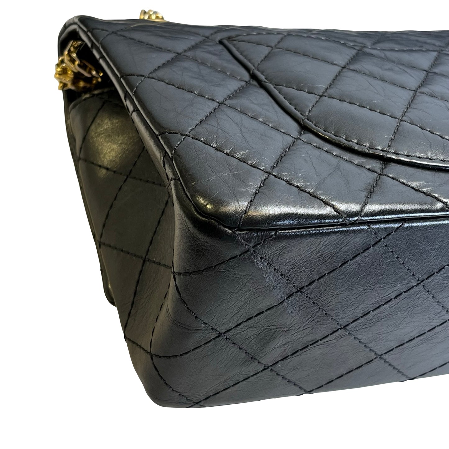 Used CHANEL Calfskin 2.55 Medium 28 Chain Shoulder Bag Black Gold